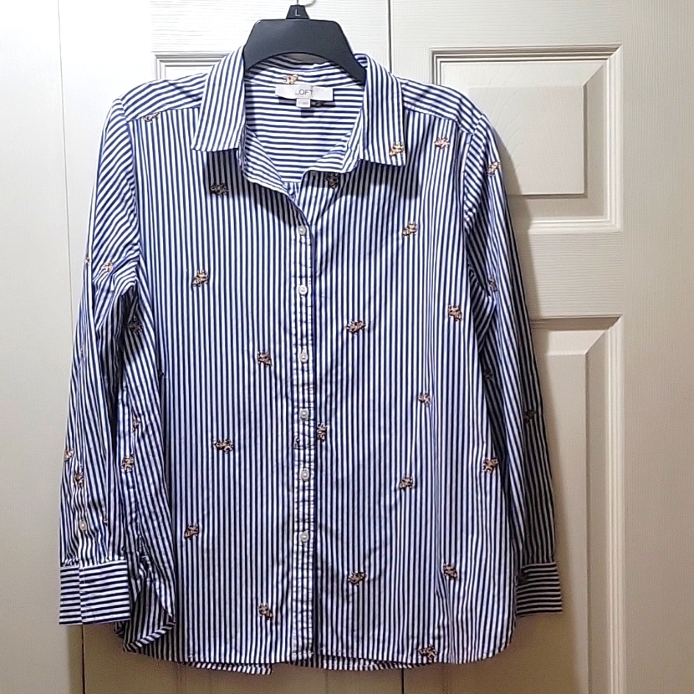 🐕  Loft blue and white stripe oxford-type shirt with embroidered dogs.